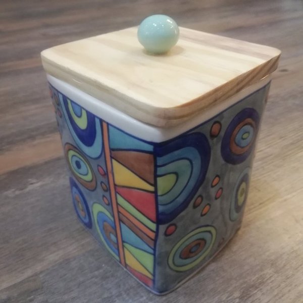 Keramikdose mit Holzdeckel blaugrau bunt 3292